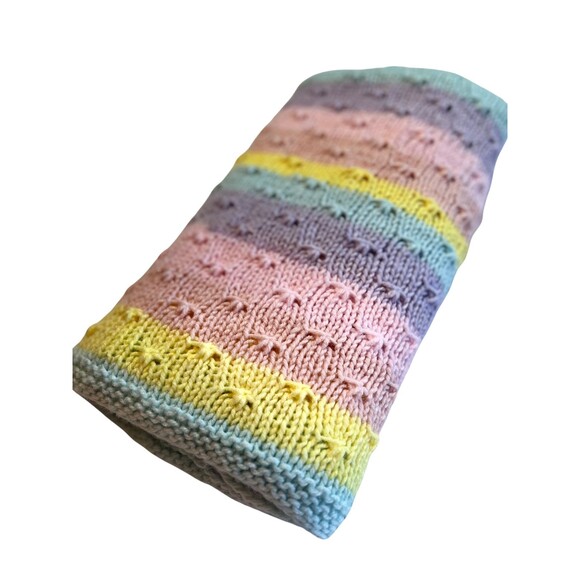 Vintage Handmade‎ Baby Blanket Knitted Rainbow Infant Newborn Shower Maternity - Picture 1 of 12